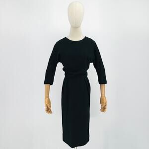 Vintage 60s Black Wool Handmade Three Quarter Sleeve Sheath Dress